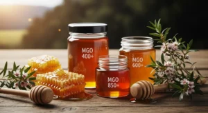 The image features three jars of manuka honey, each with a different MGO rating (400+, 600+, and 850+), accompanied by...